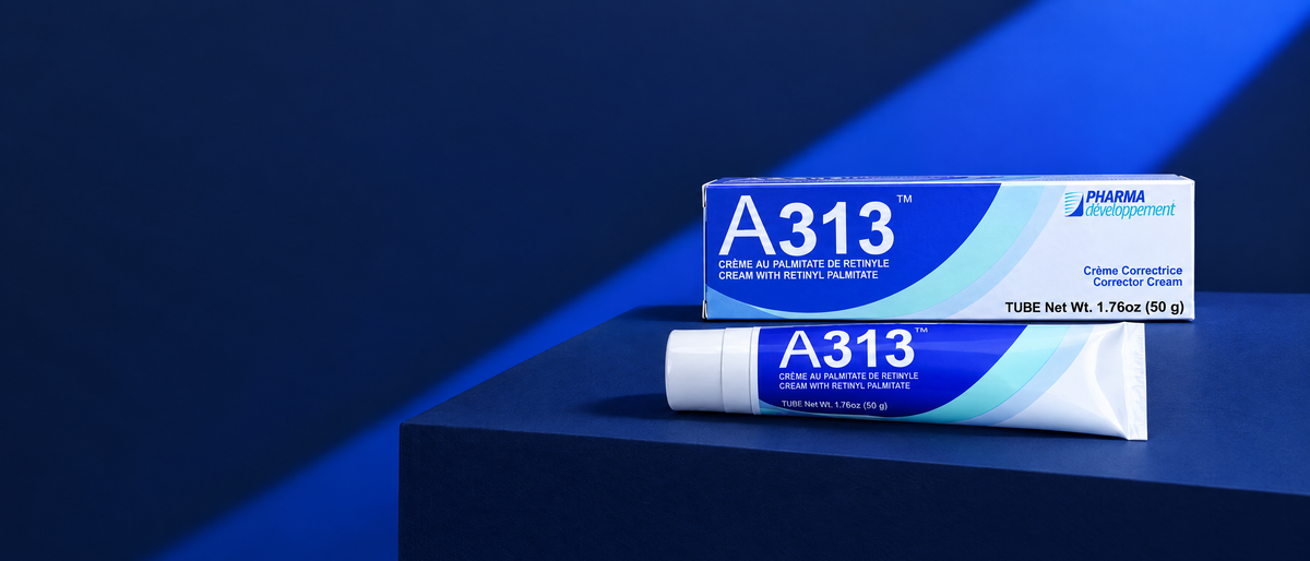 A313 retinol cream and box on a navy plinth with a royal-blue light beam
