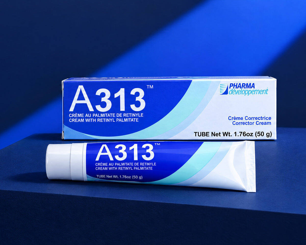 A313 retinol cream and box with a royal-blue light beam