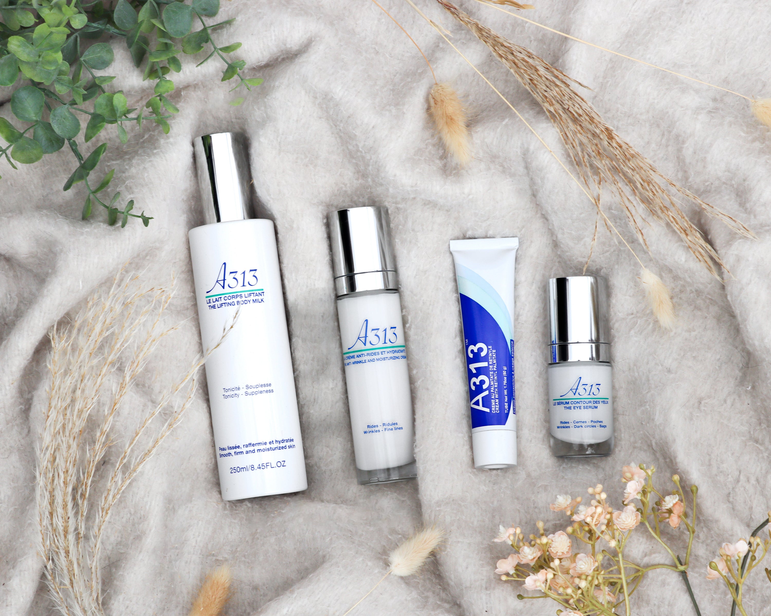 Het officiële A313 assortiment: crème met retinol, anti-rimpelcrème, oogserum en body lifting cream