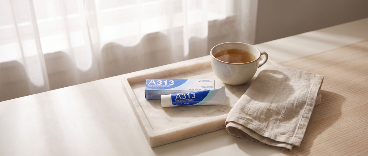 A313 Cream with Retinol & Vitamin A tube on a marble tray, a calm morning skincare moment
