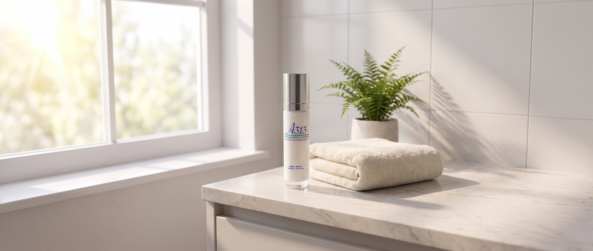 A313 Anti-Wrinkle Moisturizing Face Cream auf einer Badezimmerablage als Teil einer Morgenroutine