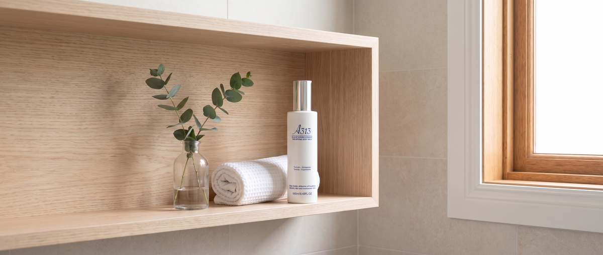 A313 Body Lifting Cream bottle on a bathroom shelf with a rolled towel, wide banner composition