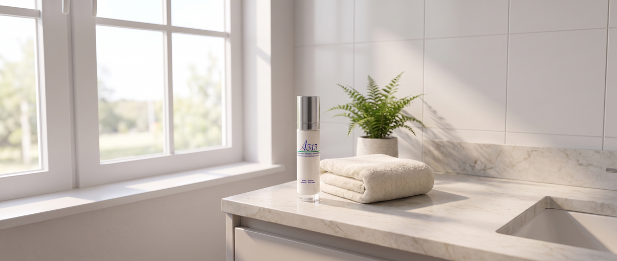 Flacon pompe A313 Anti-Wrinkle Moisturizing Face Cream posé sur un plan de salle de bain en marbre, à côté d'une serviette pliée
