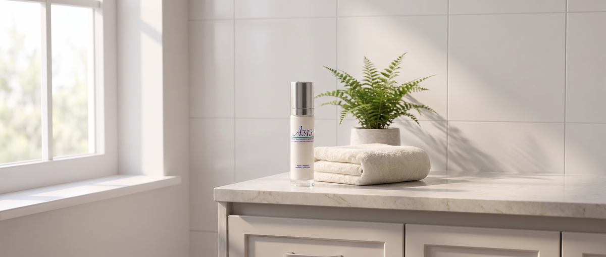 Flacon pompe de la crème anti-rides A313 posé sur un plan de toilette en marbre clair, à côté d'une serviette pliée, dans la douce lumière du matin